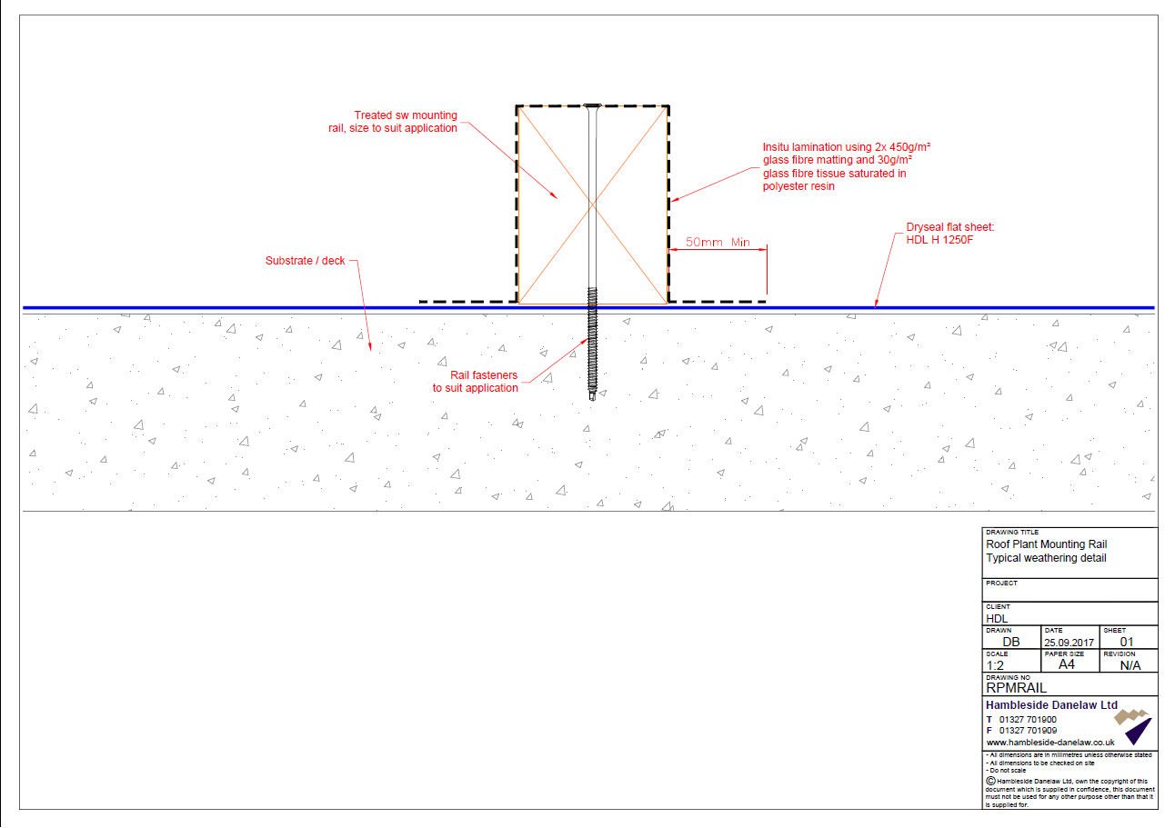 Dryseal GRP flat roof RPMRAIL detail drawing